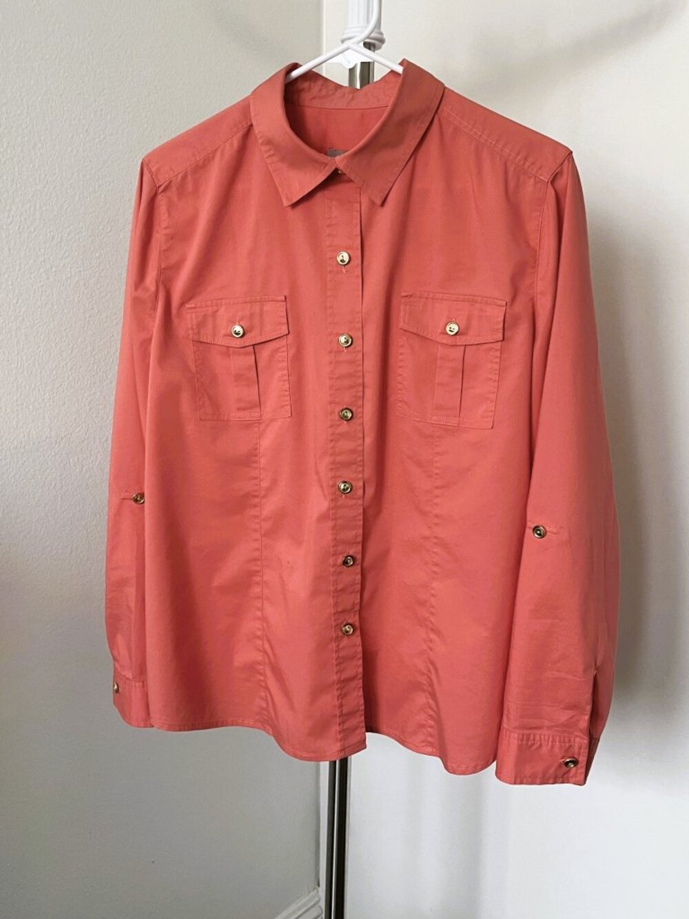 Chico’s Coral Button Down Shirt Size 2 Large Roll Tab Sleeve Cargo Pockets
